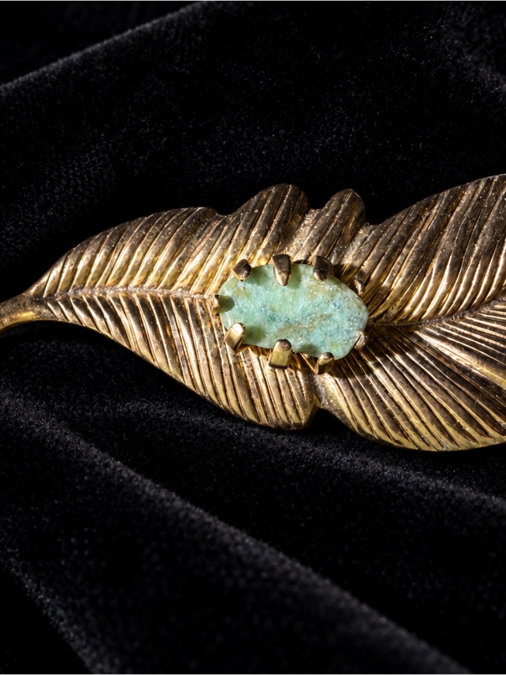 Gold Feather Brooch with Turquoise Stone